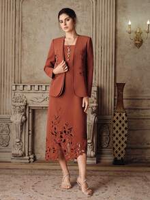 Anewsta Bộ trang phục thanh lịch 2 mảnh dành cho nữ: Áo khoác blazer thêu khoét lỗ và váy, thích hợp cho tiệc tùng, công sở sang trọng, lễ tốt nghiệp, đám cưới, váy đỏ. - Rỉ Nâu - Xem 6