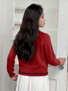 DAZY 少女休闲纽扣长袖开衫 - 紅色 - 查看 3