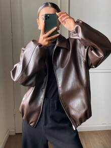 DAZY Chaqueta de cuero con cremallera estilo retro americano, abrigo de cuero versátil de corte holgado para mujer - Marrón - Ver 5