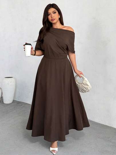 Firerie 大码女式休闲通勤纯色不对称领口收腰伞裙连衣裙，夏季