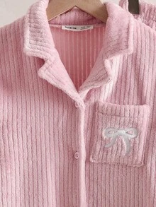 Girls' Casual Cute Bow Embroidered Contrast Trim Comfortable Long Sleeve Top And Pants 2 Pieces Pajama Set - Dusty Pink - View 3