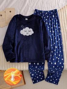 Genkimix Kids Winter  Girls Pajamas, Navy Blue & Dark Blue, New Arrival, Casual & Elegant Home Wear, Long Sleeve Top & Pants, Cloud & Smiling Face Embroidered, Starry Sky Pattern, Fleece Fabric, 2-Piece Set - Navy Blue - View 7