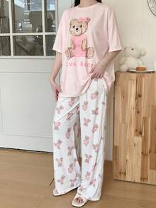 SHEIN Teen Girls Cute Bear Print Loose Pajama Set,Casual Home, Daily Wear,Casual Lounge Pajamas, Round Neck, Comfortable & Fashionable, Suitable For Spring And Summer Pajamas Set Girls Cute Pj Set Cute Pajama Set Sleep Wear Girl Pajamas Xs - Pink - View 6