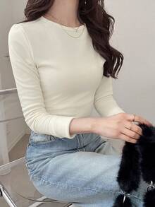 FRIFUL Women's Solid Color Round Neck Raglan Long Sleeve Casual Versatile Fleece T-Shirt - White - View 7