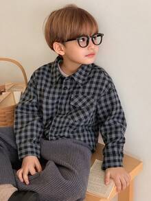 DAZY 男童格子落肩长袖单排扣工装口袋衬衫 - 灰色 - 查看 1