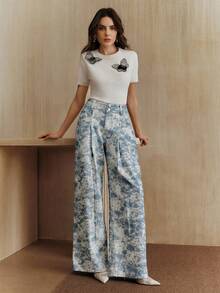 Anewsta Quần jean denim in họa tiết hoa lãng mạn dành cho nữ, thích hợp cho mùa xuân/hè. - Xanh và trắng - Xem 5