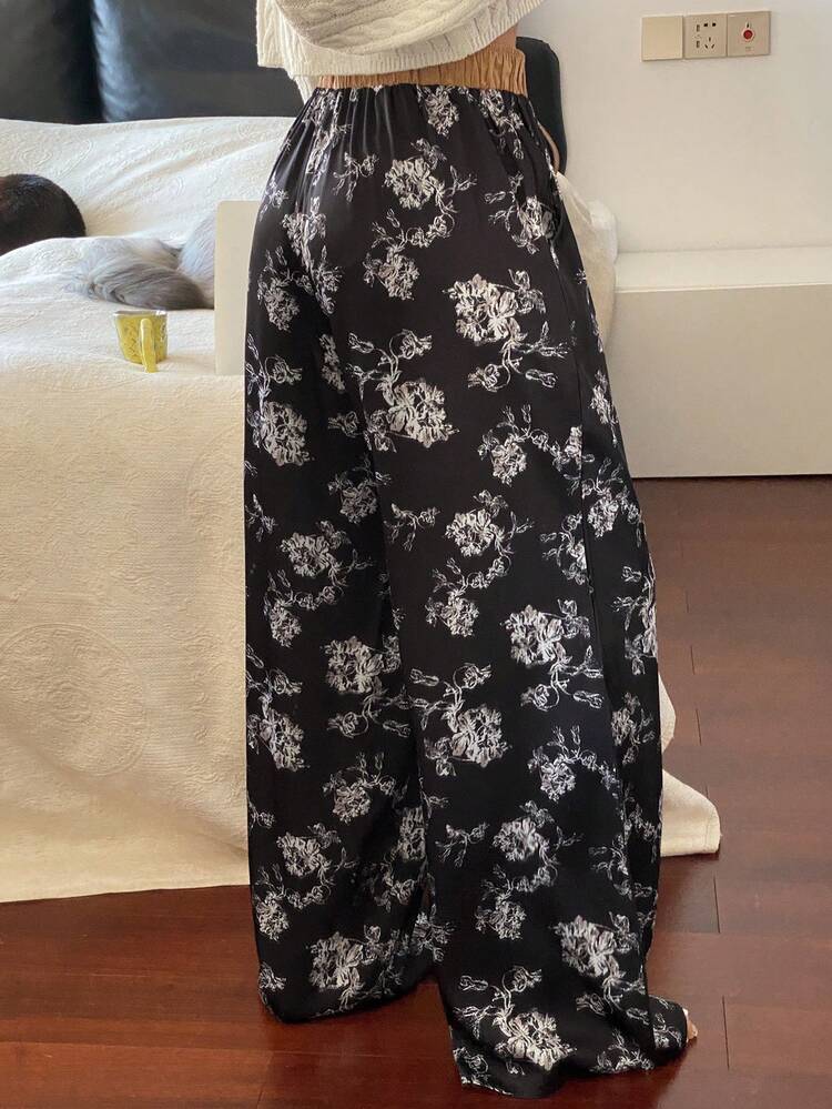 Floral Print Contrast Waistband Design Loose Women Pajama Bottoms