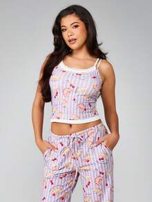 MISSGUIDED 可爱糕点印花睡衣套装，包含羊角面包樱桃图案无袖吊带背心和阔腿裤，家居服套装 - 彩色 - 查看 4