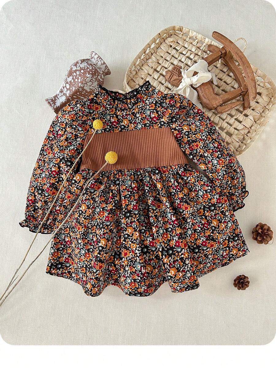 SHEIN 1 Paquete Vestido de peto casual y simple de estilo retro para bebé niña, de color caqui, con material de pana y estampado floral. Adecuado para fiestas de cumpleaños, fiestas de noche, actuaciones, bodas, bautizos y ceremonias de apertura. Adecuado para uso diario, escuela, viajes, otoño e invierno. - Caqui - Ver 1