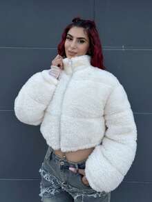 Bearsaez Jaket Puffer Pendek Kasual Wanita Warna Polos Bahan Bulu Imitasi, Musim Dingin - Krem - View 1
