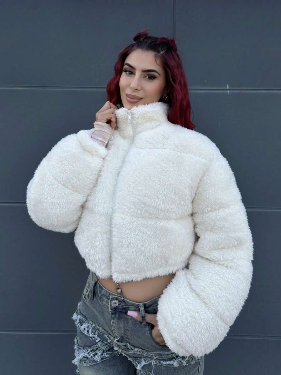 Bearsaez Jaket Puffer Pendek Kasual Wanita Warna Polos Bahan Bulu Imitasi, Musim Dingin - Krem - View 1
