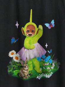 Teletubbies X ROMWE 女式可爱卡通花卉和草坪印花宽松短袖T恤 - 黑色 - 查看 3