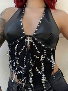 Bearsaez Regata Decotada Sem Costas com Decote em Gancho, Splice, Paetês e Pingente Cruzado de Metal Sexy, Estilo Y2K, para Mulheres - Preto - Visão 3
