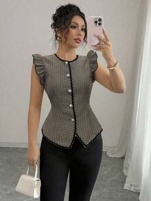 Elenzga 女士优雅撞色荷叶边拼接腰部系带衬衫，配以飘逸的荷叶袖，秋季款 - 彩色 - 查看 1