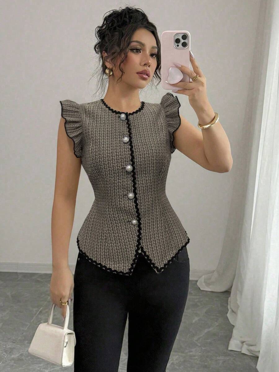 Elenzga 女士优雅撞色荷叶边拼接腰部系带衬衫，配以飘逸的荷叶袖，秋季款 - 彩色 - 查看 1