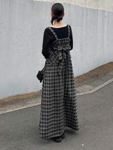 FRIFUL 女士格子吊带长款半身裙，后背蝴蝶结装饰，休闲宽松两件套，秋冬家居服套装 - 黑色 - 查看 1