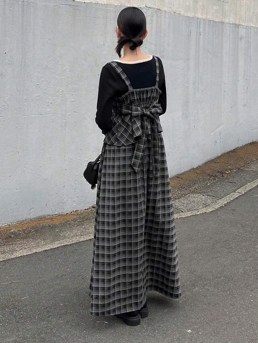FRIFUL 女士格子吊带长款半身裙,后背蝴蝶结装饰,休闲宽松两件套,秋冬家居服套装 - 黑色 - 查看 1