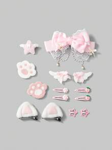 ROMWE Kawaii 14 Random Small Cute Bow,Hairpins, Handmade Wing ,Star ,Bow ,Strawberry Cat's Ears And Claw ,Tooth Elements Hairpin, Lolita Style Pink Hair Accessories - Pink White - View 1