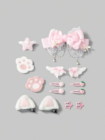 Kawaii 14 Random Styles Cute Wind Pink Bow Cat Hairpin, Handmade Wings Star Bow Strawberry Cat Ear Cat Claw Tooth Element Combination Small Hairpin, Lolita Plush Cat Ear Cat Claw Hair Accessories Combination