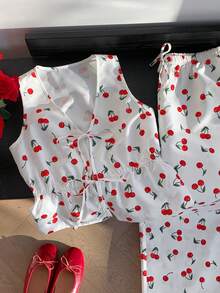 Comfortcana 女士休闲樱桃印花系带上衣和短裤两件套，夏季 - 彩色 - 查看 7