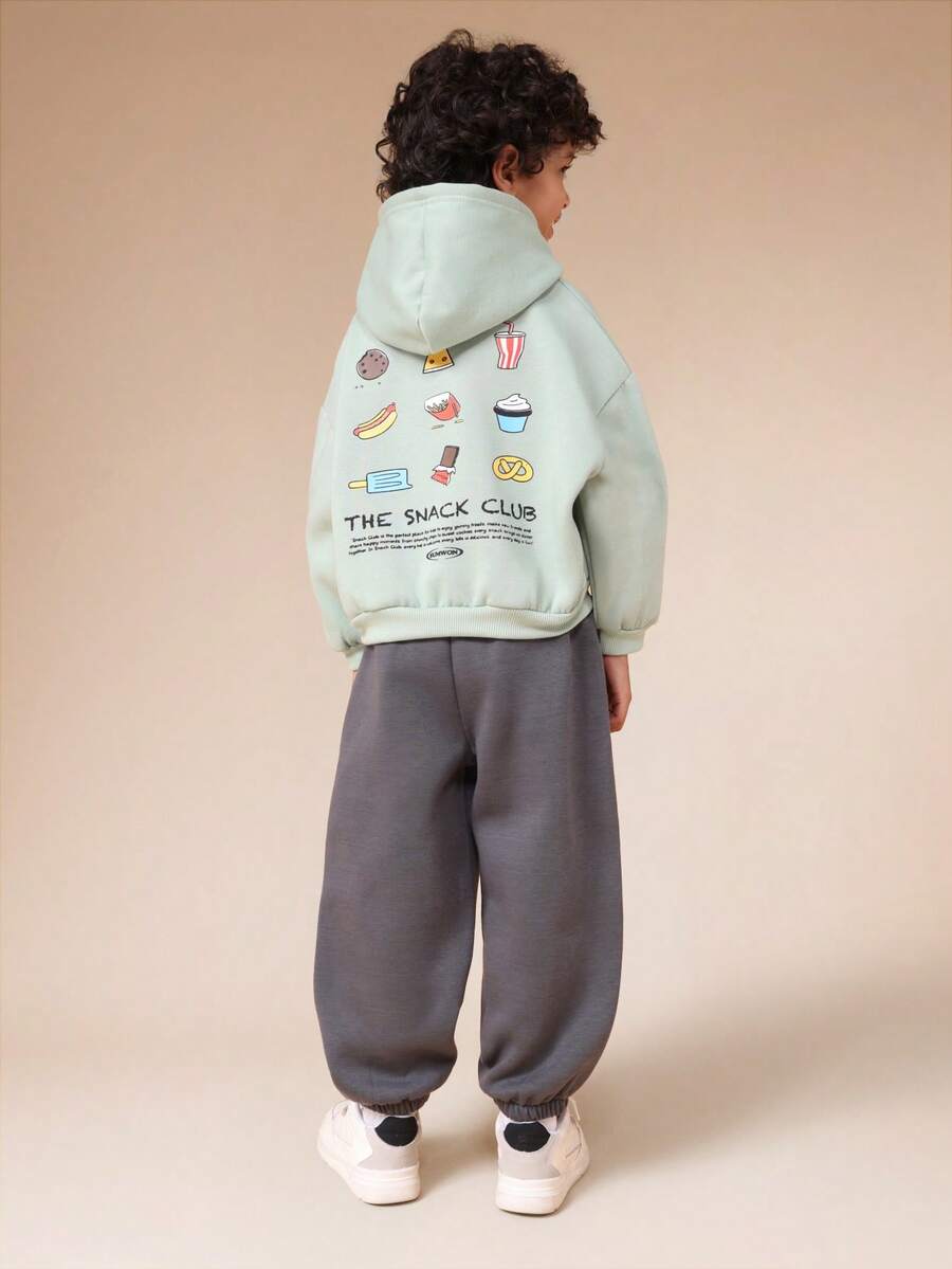 SUMWON Conjunto infantil masculino composto por moletom verde menta com bolso central e calça de moletom cinza carvão com estampa de comida. - Menta verde - Ver 1