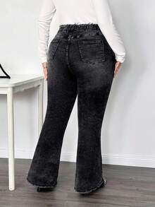 Truni Sometimesglam 大码女式喇叭牛仔裤，腰带设计，黑色弹力牛仔裤，适合梨形三角身材 - 黑色 - 查看 2