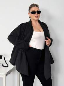 Truni Lacenleopard Plus Size Women Solid Color Batwing Sleeve Open Front Casual Jacket, Autumn/Winter, For Pear Triangle Body Shape - Black - View 4