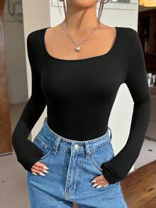 SHEIN EZwear Black Knitted Tight Bodysuit - Black - View 3