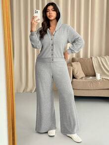 Vionelle 大码女式法式休闲优雅毛绒长袖上衣和裤子两件套，秋冬款 - 淺灰色 - 查看 8