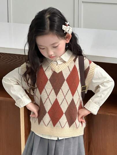 DAZY 女童菱格纹提花V领休闲针织背心，秋冬季