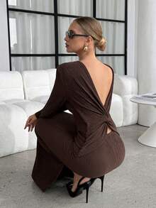SHEIN Lavishia Women's Elegant Commuter Solid Color Twist Bodycon Dress - Brown - View 5