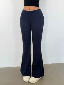 Flirla Women's Autumn/Winter Cable Knit Texture Navy Blue Flared Leggings - Navy Blue - View 1