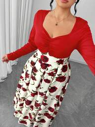 Elenzga Plus Size Women's 2025 New Lightweight Luxury Twist Bust Printed Floral Embossed Vintage Floral Dress, Suitable For Back To School, Graduation, Valentine's Day, Music Festival, Mother's Day, Halloween, Thanksgiving, Easter, National Day, Prom, Date Party, Wedding Season, Outdoor Excursion