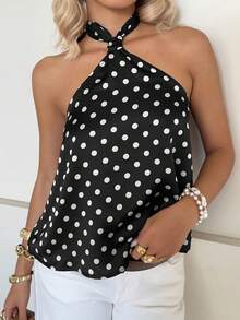 SHEIN EZwear Women's Fashionable Sexy Polka Dot Backless Halter Neck Top - Black and White - View 5