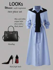 Franclia 休闲、通勤、度假百搭时尚新款蓝白条纹黑色独特披肩领休闲衬衫式系带中长连衣裙，女士休闲装 - 藍白色 - 查看 1