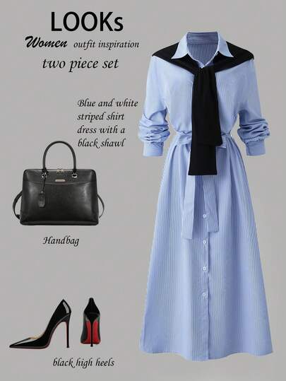 Franclia 休闲、通勤、度假百搭时尚新款蓝白条纹黑色独特披肩领休闲衬衫式系带中长连衣裙，女士休闲装