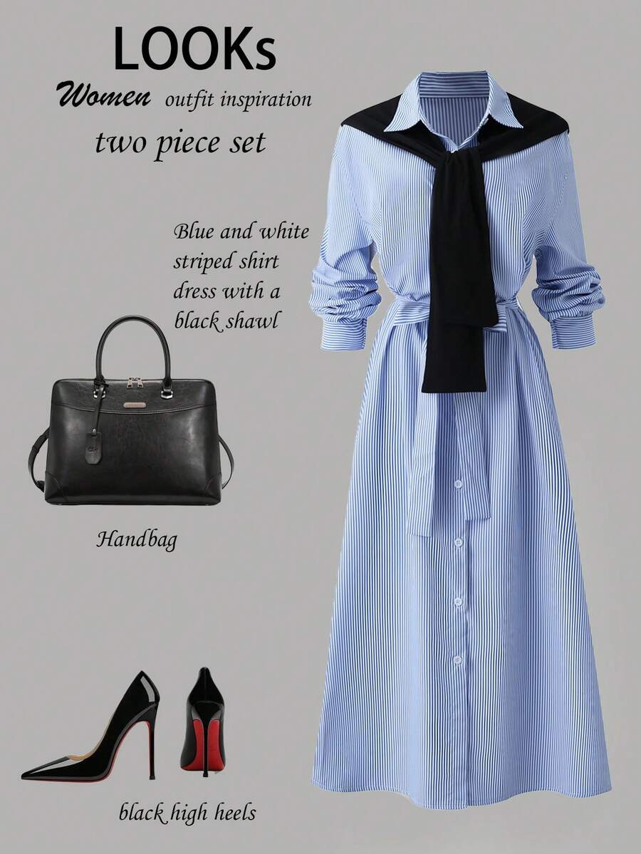 Franclia 休闲、通勤、度假百搭时尚新款蓝白条纹黑色独特披肩领休闲衬衫式系带中长连衣裙，女士休闲装 - 藍白色 - 查看 1