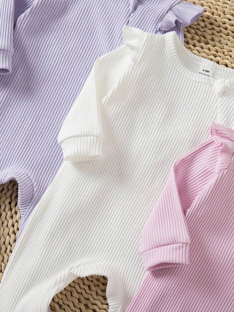 Pijama sem pé de malha canelada para recém-nascidos, fechamento com zíper, vermelho tijolo, rosa claro, cinza, verde, combinação multicolorida versátil, roupa de casa para outono/inverno - Multicolorido - Visão 5