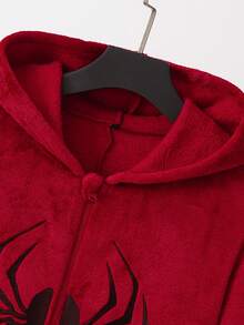 Men's Spider Embroidery Burgundy Plush Jumpsuit Loungewear - Burgundy - View 3