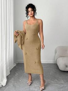 Elenzga Plus Size Solid Color Elegant Knitted Floral Dress With Batwing Cardigan Sweater Set - Khaki - View 3