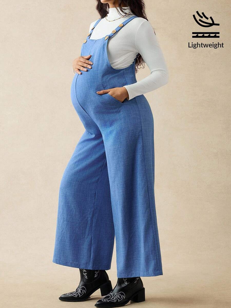 Boho Mama Mono holgado y casual de maternidad de unicolor con diseño de botones y bolsillos, para otoño - Azul - Ver 1
