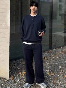 DAZY 海军蓝白拼接二合一男士T恤套装，秋季款 - 藏蓝色 - 查看 6