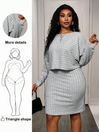Truni Zestaw 2-częściowy dla kobiet w dużych rozmiarach, jednokolorowy, w paski, z długim rękawem i dopasowaną sukienką, modny, jesienno-zimowy, elegancki zestaw, zestaw Curve, zestaw dwuczęściowy w kolorze szarym, zestaw Curvy, dla sylwetki typu gruszka trójkąt