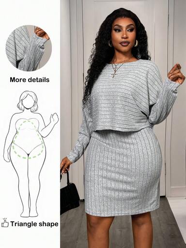 Truni Zestaw 2-częściowy dla kobiet w dużych rozmiarach, jednokolorowy, w paski, z długim rękawem i dopasowaną sukienką, modny, jesienno-zimowy, elegancki zestaw, zestaw Curve, zestaw dwuczęściowy w kolorze szarym, zestaw Curvy, dla sylwetki typu gruszka trójkąt
