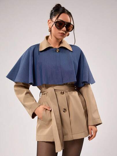 EURMUSE Women's Beige Trench Coat With Removable Denim-Look Cape – Short Regular Fit, Tencel Fabric, Belted Waist Outerwear