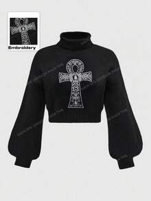 ROMWE Goth Suéter de cuello alto con bordado de cruz Ankh, estilo gótico punk - Negro - Ver 1