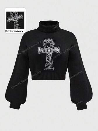 Goth Suéter de cuello alto con bordado de cruz Ankh, estilo gótico punk