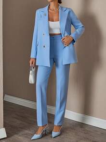 SHEIN Cottnline Women Solid Color Suit Sets Blazer Jacket And Pants Rhinestone And Button Front Detailed - Baby Blue - View 5