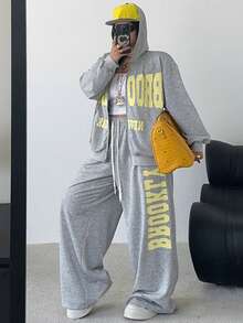 POPSWAY Bộ đồ thể thao dài hai mảnh in họa tiết tối giản giản dị - Xám - Xem 4