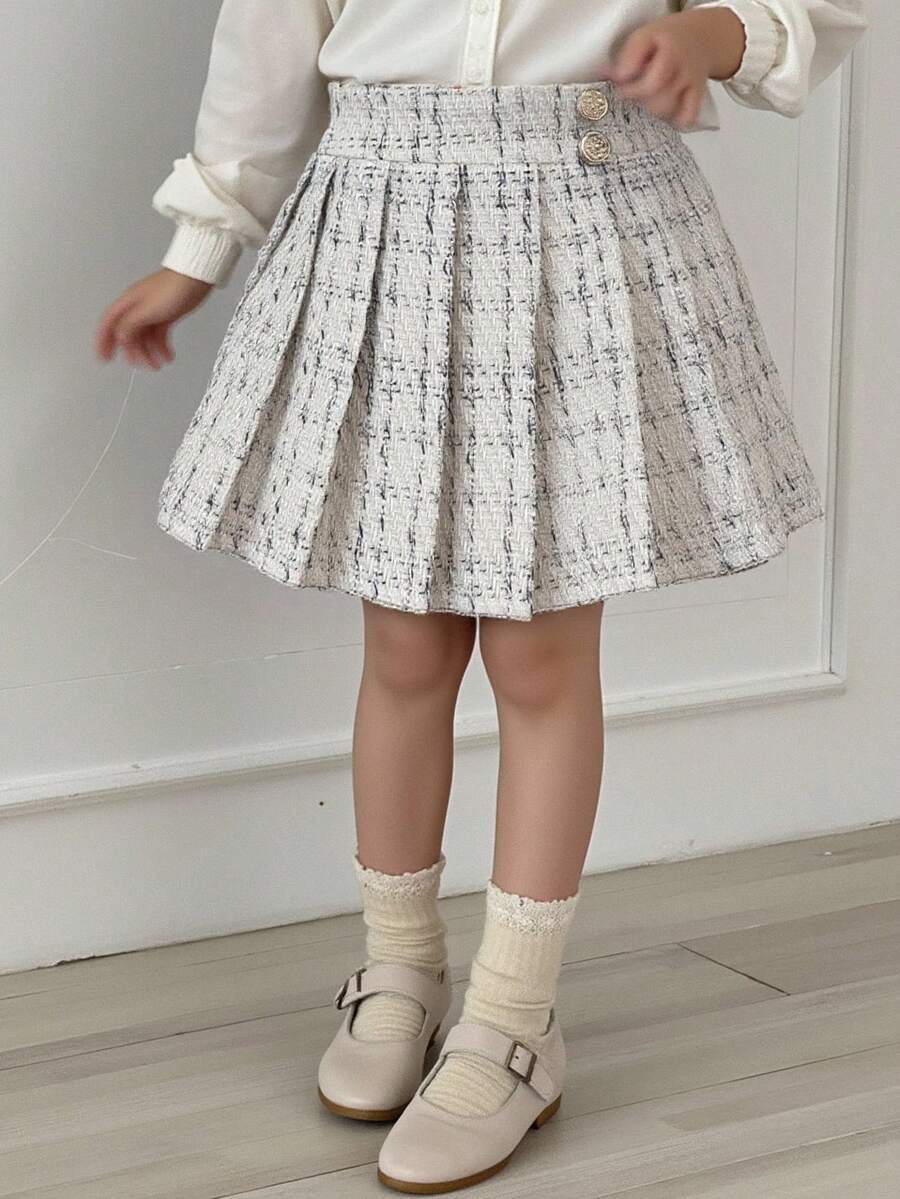 Genkimix Kids 年轻女孩时尚A字百褶裙，优雅风格，秋季新品 - 杏色 - 查看 1